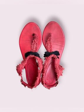 CHANEL Red Frayed T-Strap Sandals with Black Bow and Logo AS IS